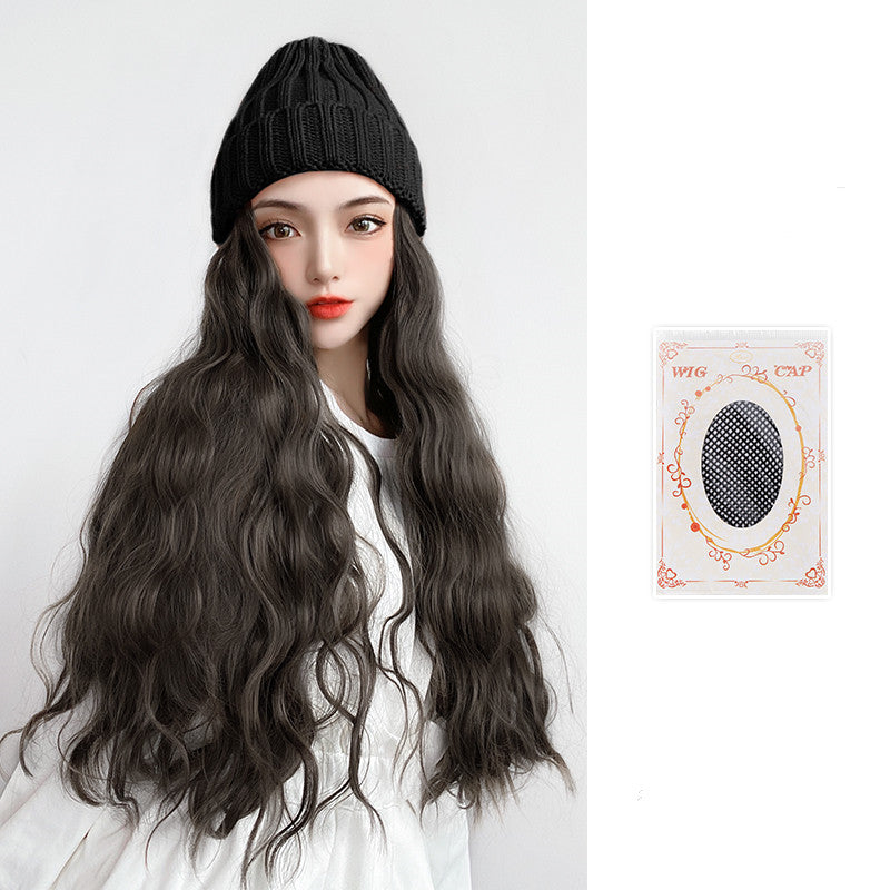 Wig Hat Integrated Knitting Wool Hat Long Curly Hair Water Ripple