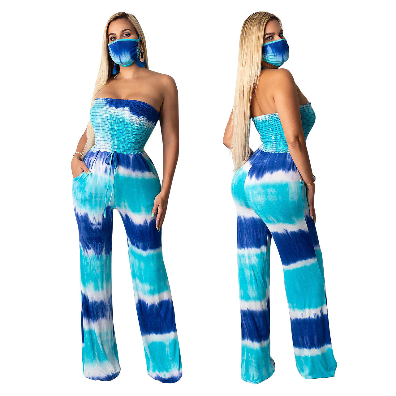 Lady’s Sexy Tie-Dye Haltered Wide- Leg One-piece with matching Face Mask