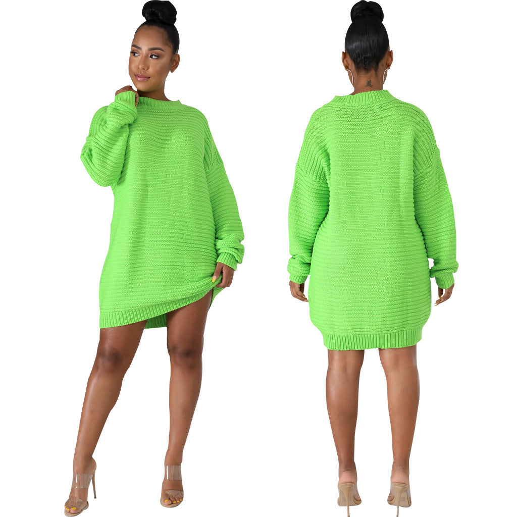 Long Sleeve Turtleneck Sweater Ladies Mid-length Knitted Dress