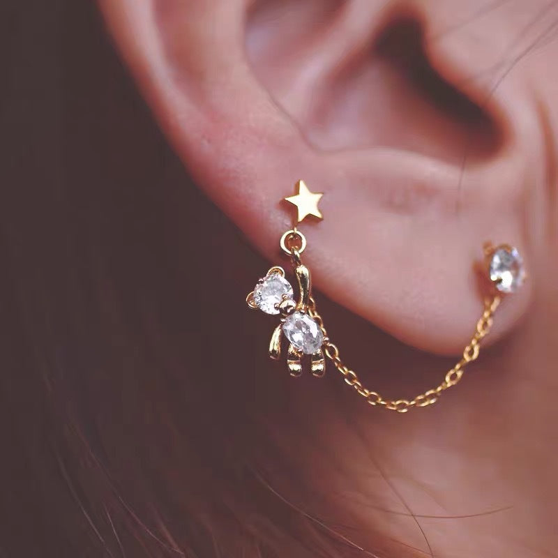 Cute Shiny Rhinestone Bear Tassel Earrings