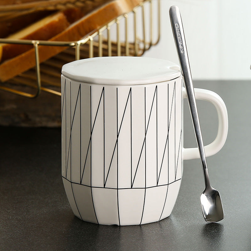 Exotic Ceramic Geometric Cup with lid and Teaspoon spoon