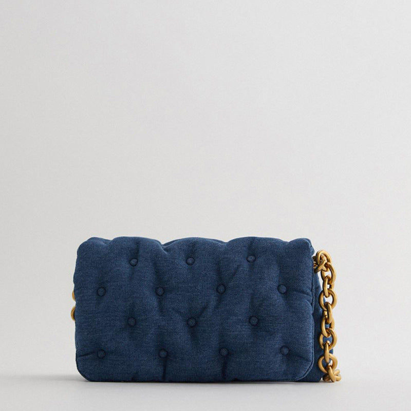 Blue-denim quilted shoulder messenger bag with chain strap