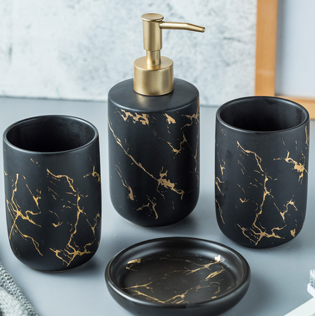 High Quality Porcelain Gold Marble Toothbrush mouthwash cup