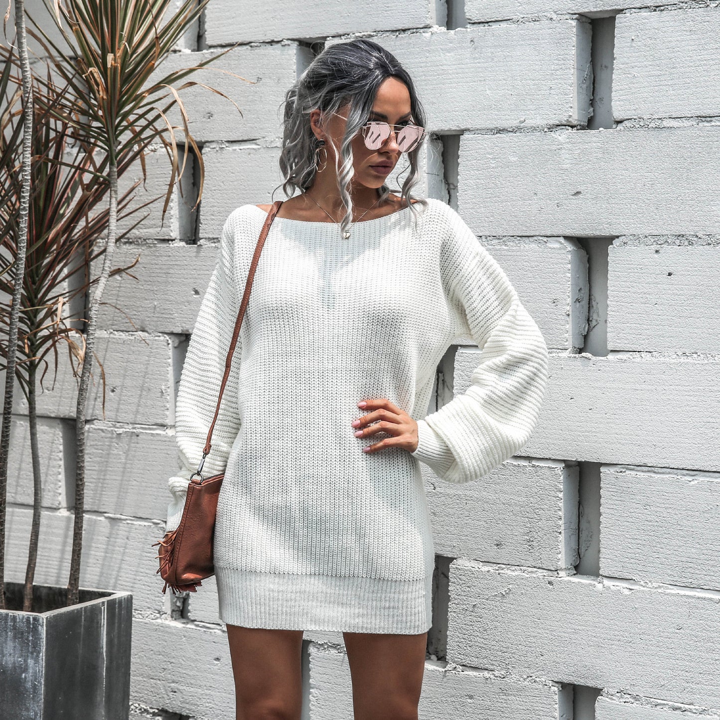 European And American Casual Off Shoulder Lantern Sleeve Knitted Sweater Dress