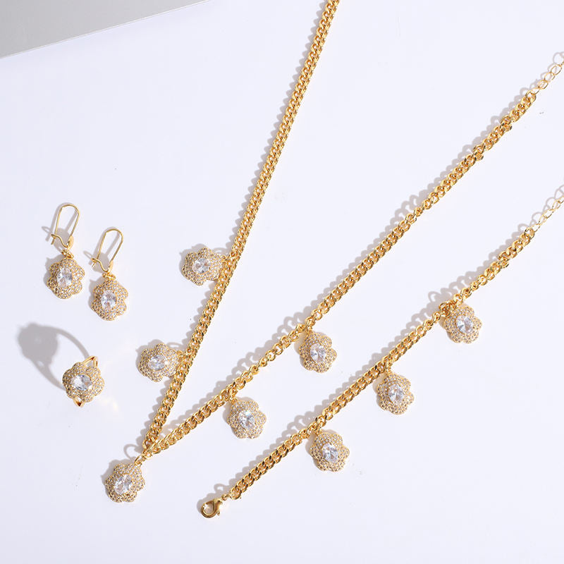 Fashion Cubic Zircon 22k Gold Plated Earrings Ring Necklace Bracelet Jewelry Set For Women Bridal Jewelry Set Luxury