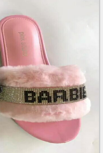 Pink and Black fashion print furry bling slippers