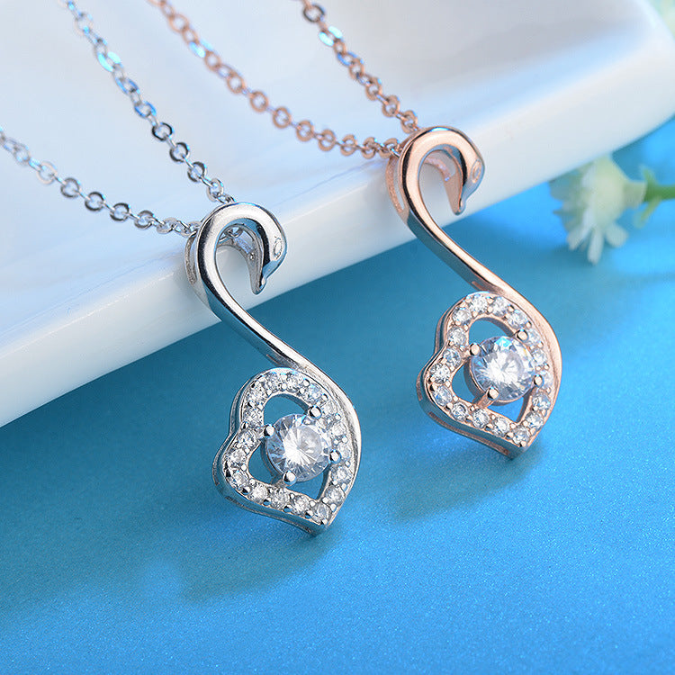 S925 Silver Necklace Zircon Diamond Swan Heart Pendant