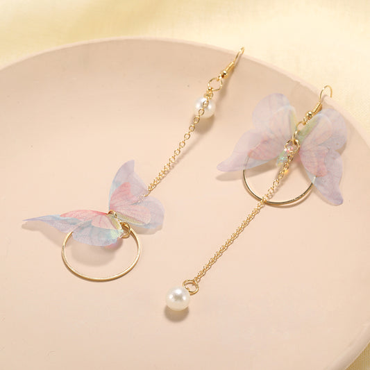 Hot Trendy Butterfly Fairy Pearl Asymmetric Tassel Earrings