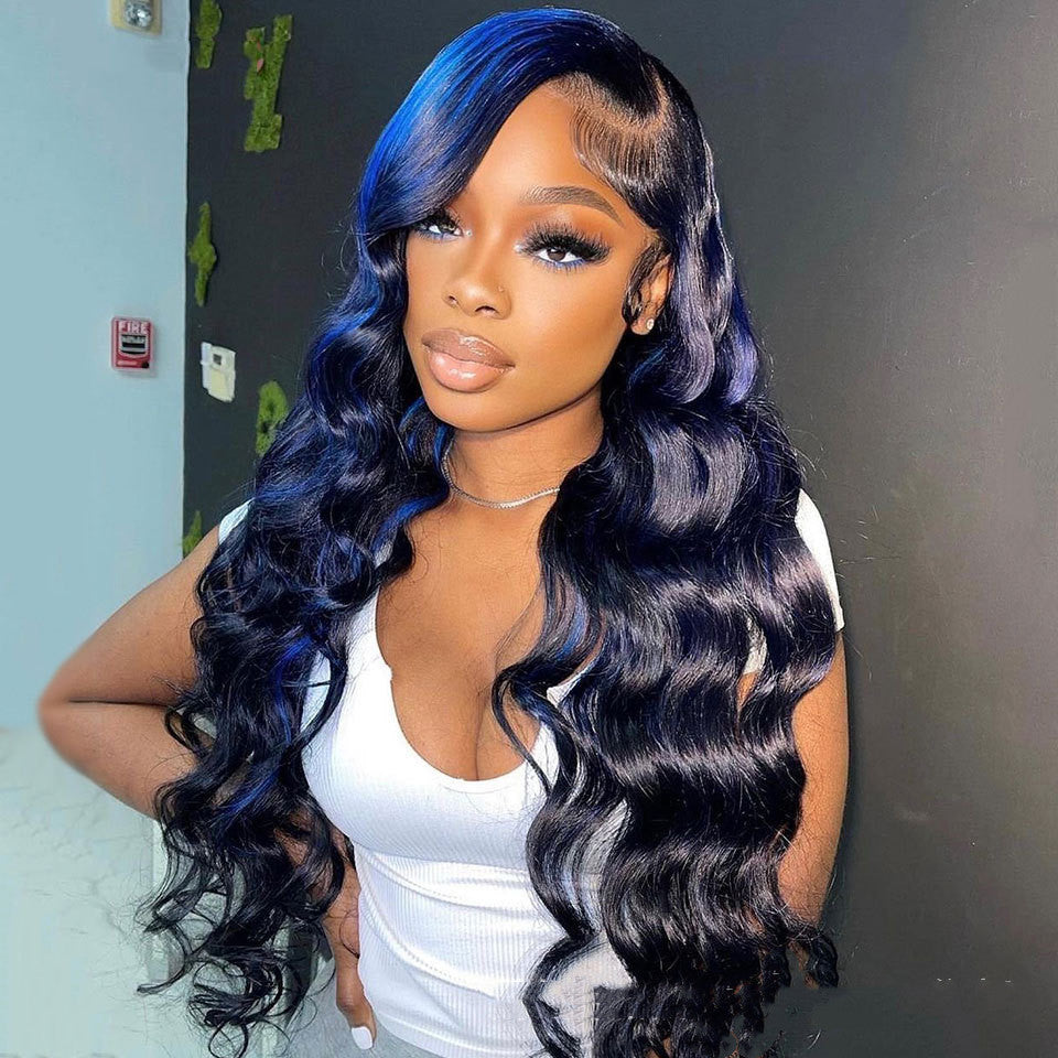 1B/ Blue Highlight Body Wave Human Hair Lace Front Wig