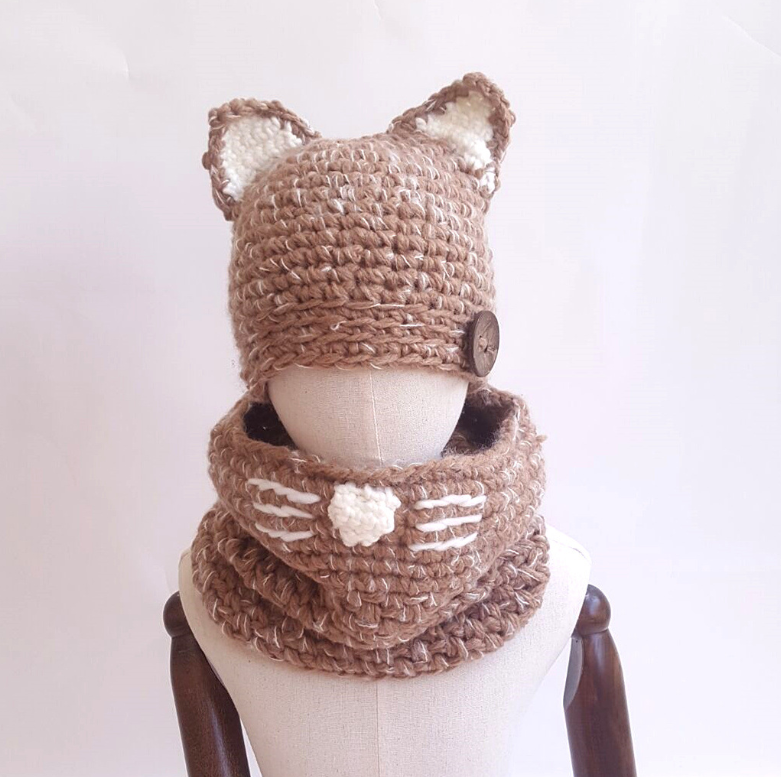 Knit hat children's animal cat ears set hat hand-knitted warm neck bonnet