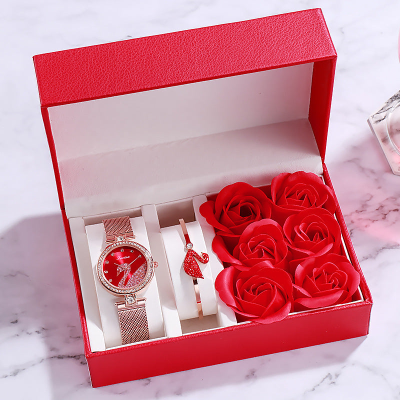 Lady’s Rose Red Crystal Watch and Bracelet Gift Set