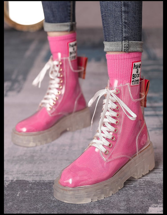 Lady's Transparent Thick Sole Lace-up Martin Boots