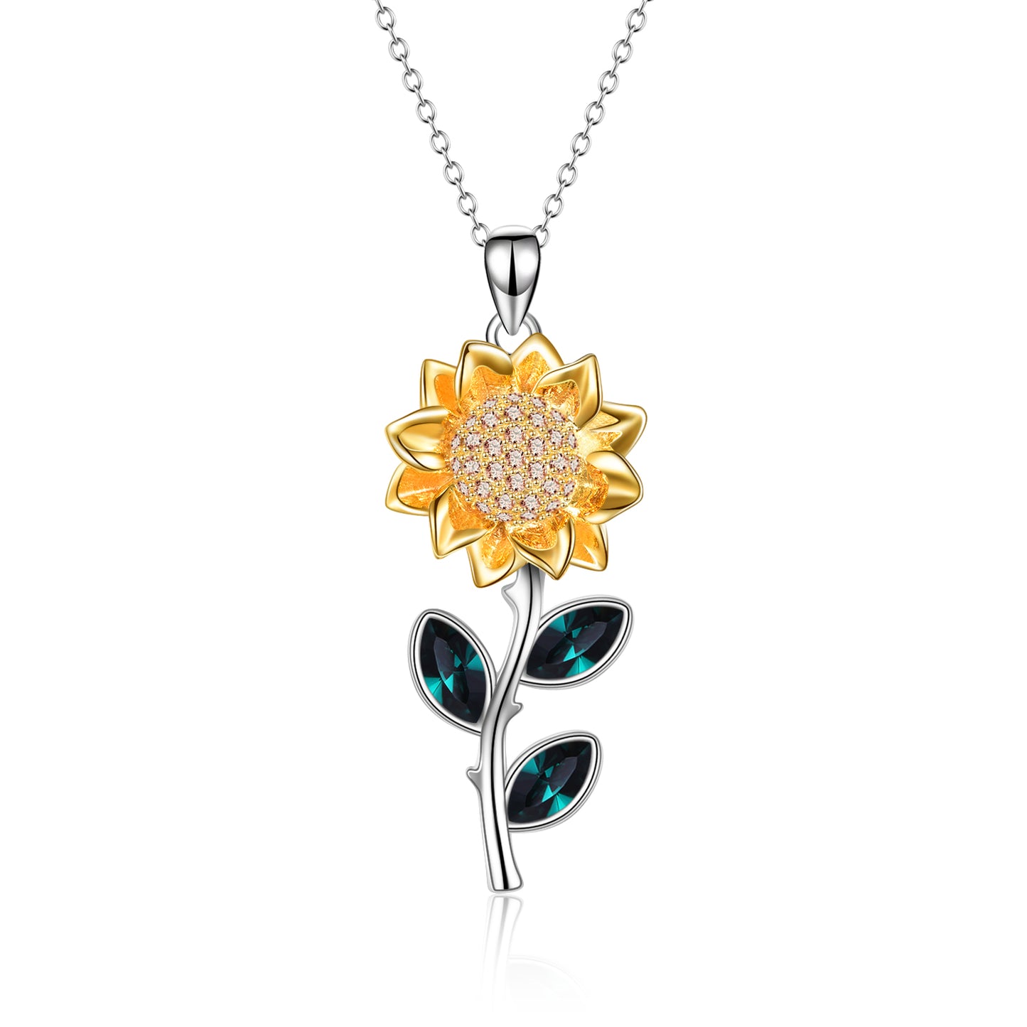 Sterling Silver Sunflower Crystal Pendant w/ Rolo Chain Necklace