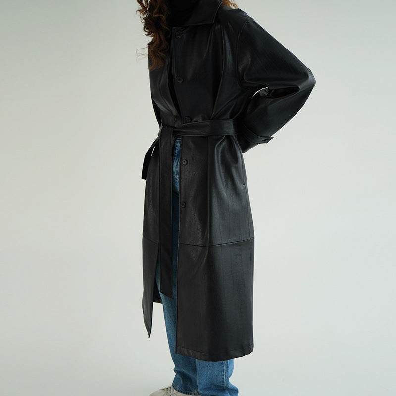 Lady’s Retro Niche Long Leather Trench Coat