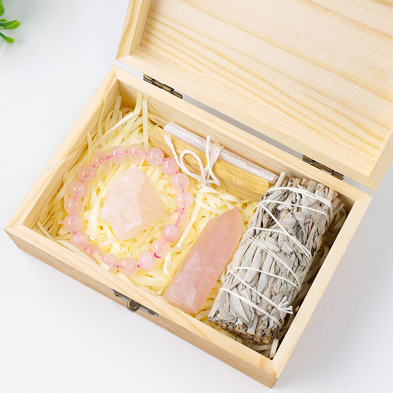 Natural Crystal Amethyst Wooden Box Set Gift Box