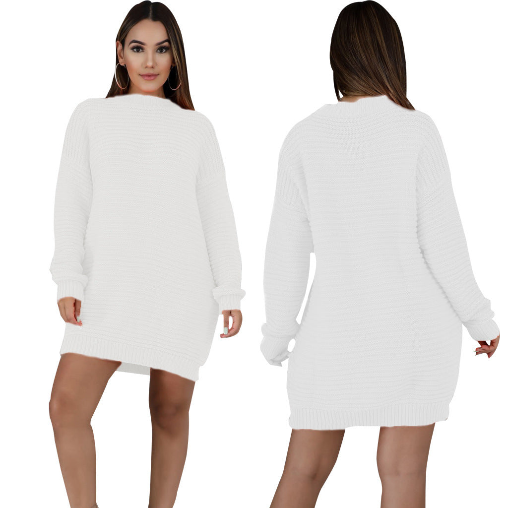 Long Sleeve Turtleneck Sweater Ladies Mid-length Knitted Dress