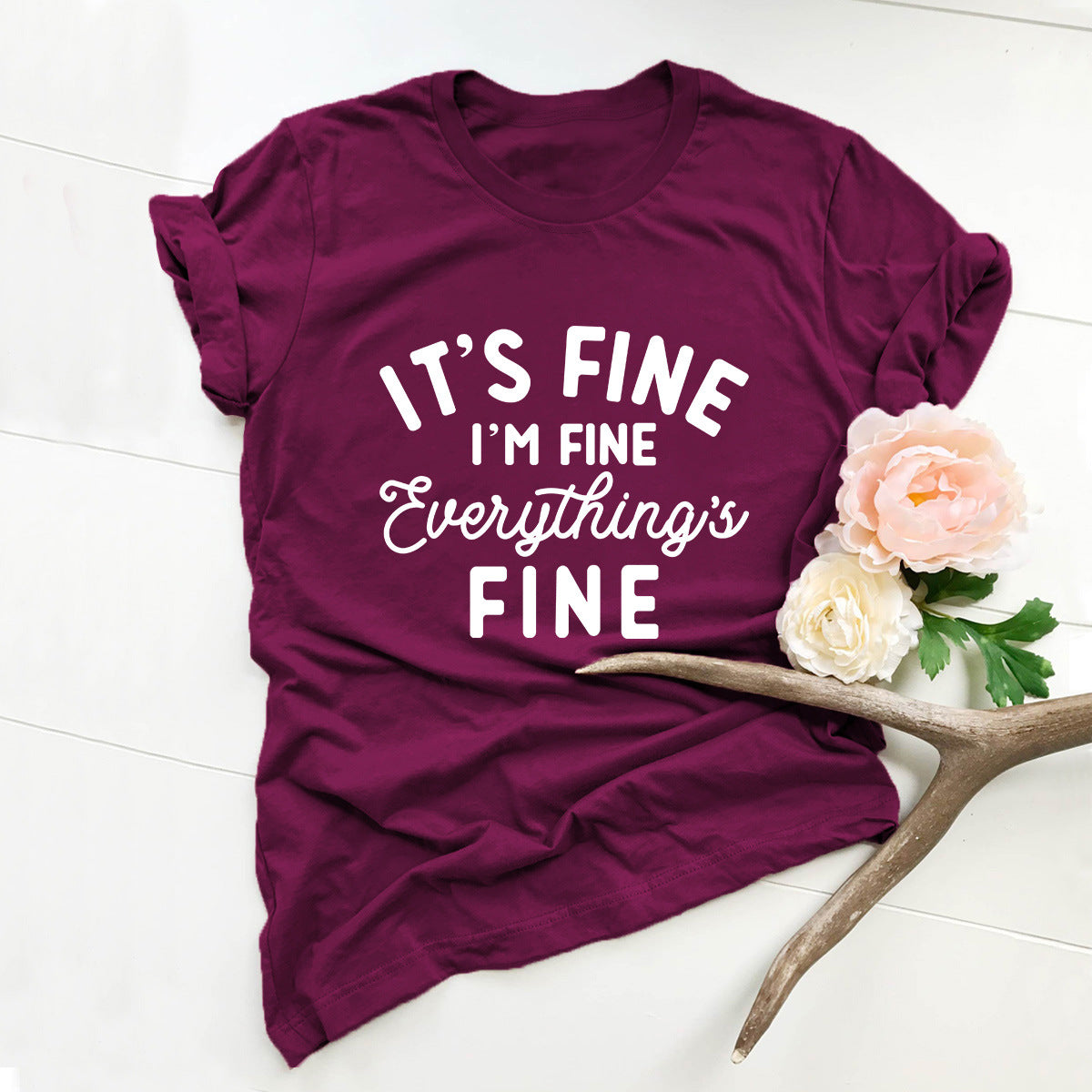 Lady’s Everything’s Fine Phrase Print Tee Shirt